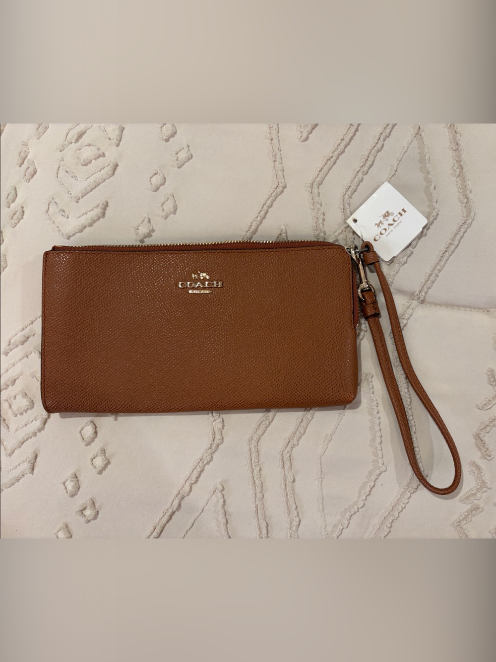 COACH Tan Pebbled Leather Zip Wristlet Wallet